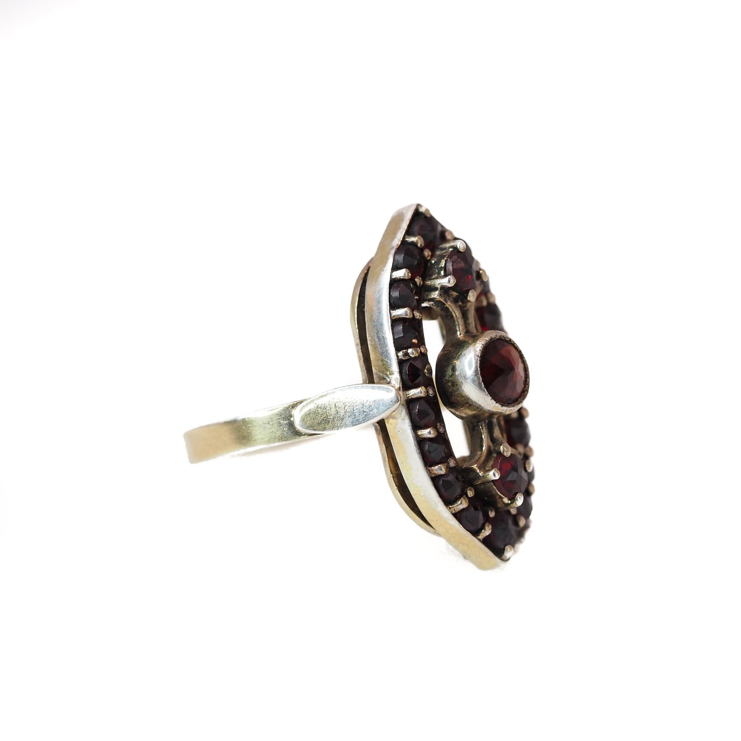 Vintage 1960s Bohemian Garnet, 900 Silver Czech Gold Wash Silver Marquise Ring Size 6.25