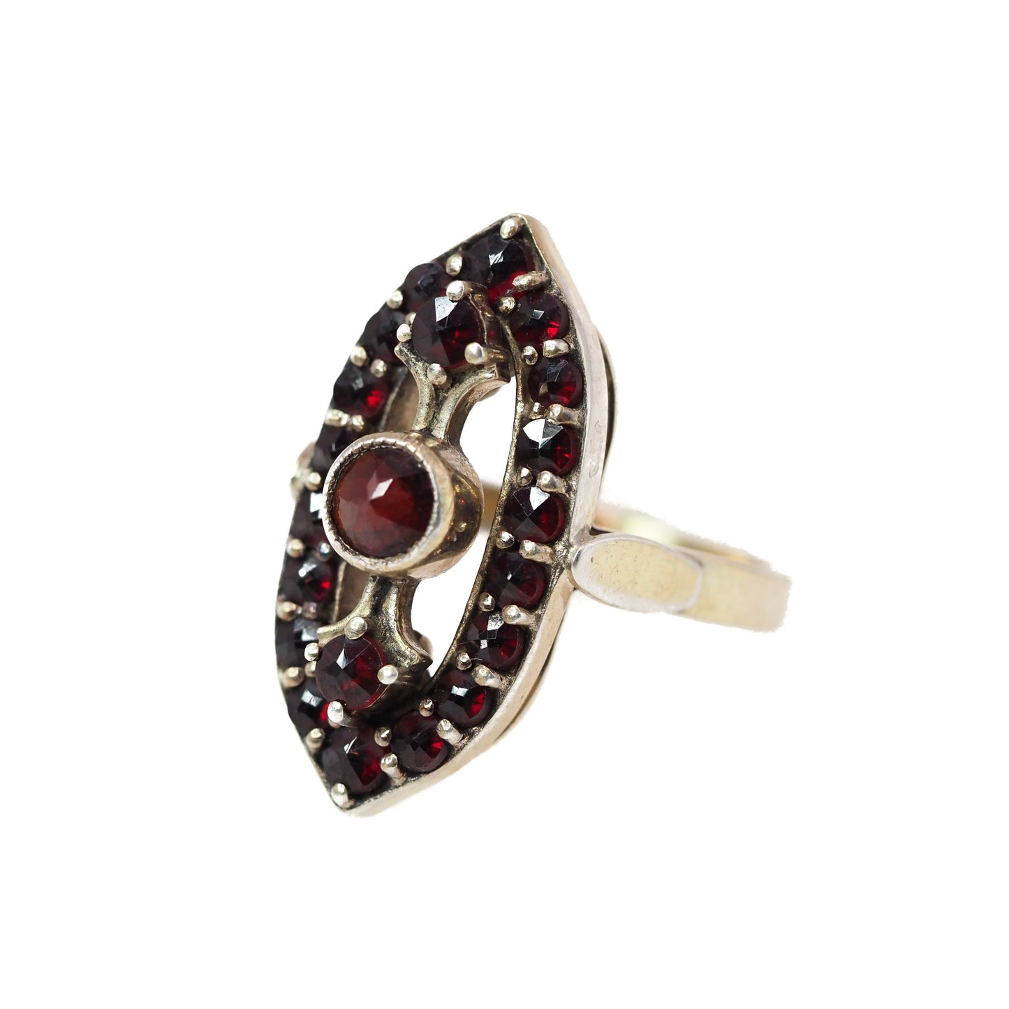 Vintage 1960s Bohemian Garnet, 900 Silver Czech Gold Wash Silver Marquise Ring Size 6.25