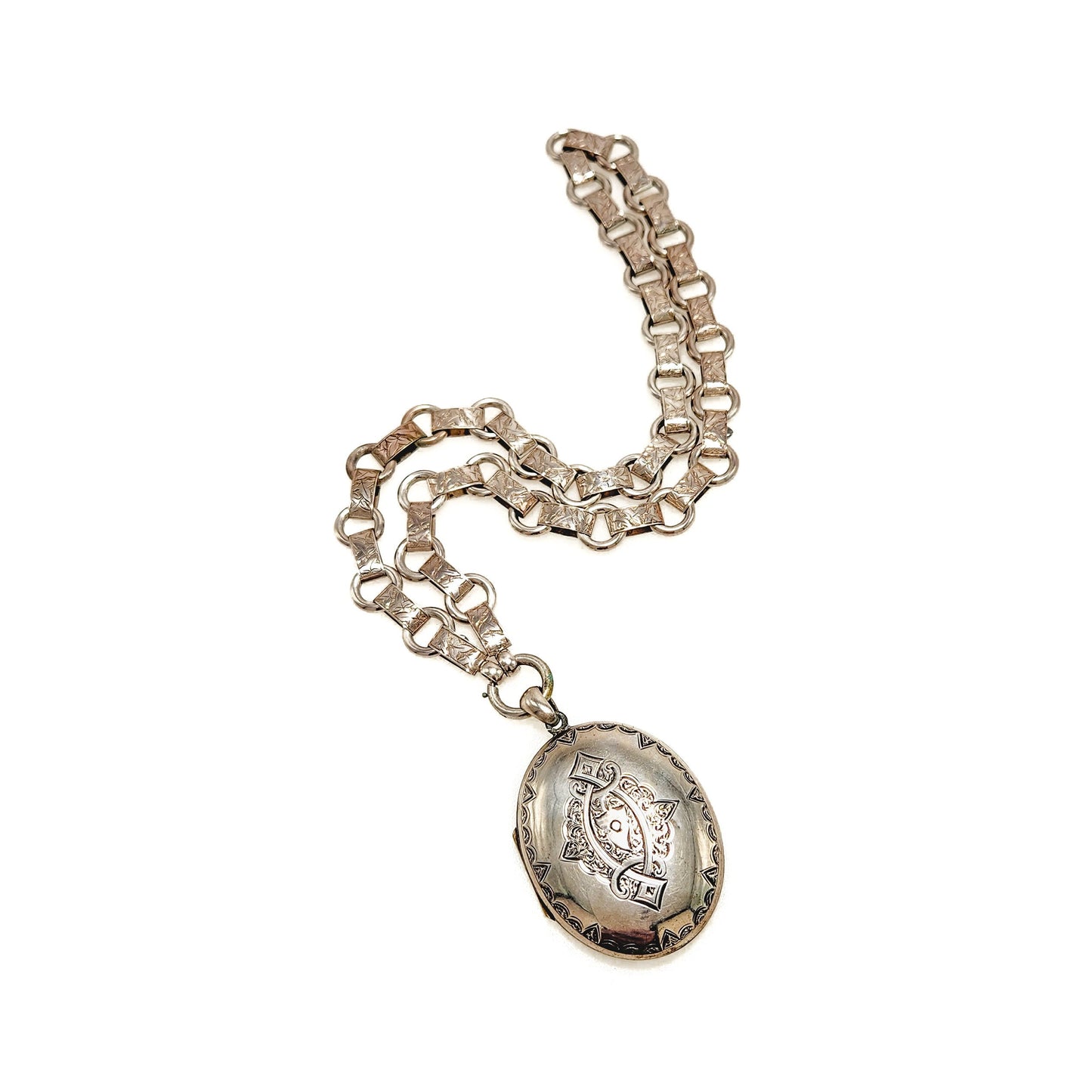 Antique 1880s Mid Victorian Etched Silver Locket Book Chain Chunky Statement 18" Locket Necklace