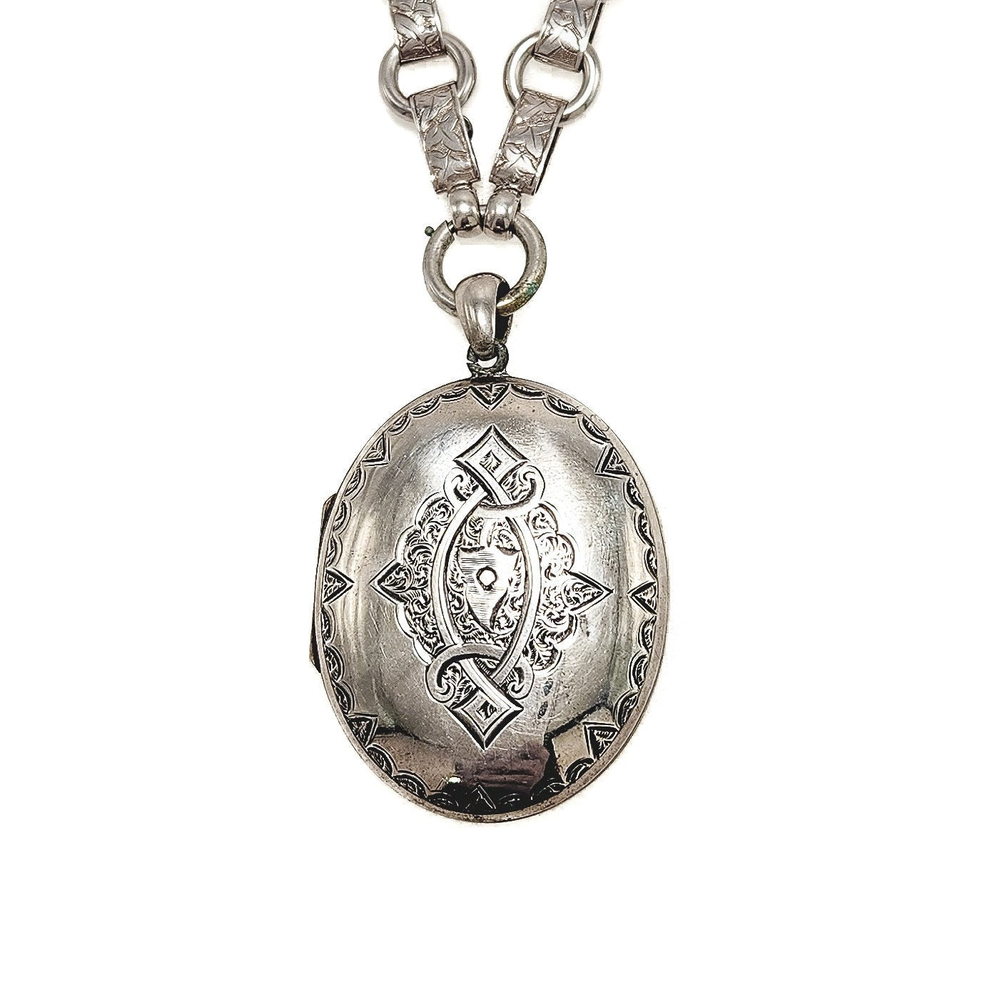Antique 1880s Mid Victorian Etched Silver Locket Book Chain Chunky Statement 18" Locket Necklace