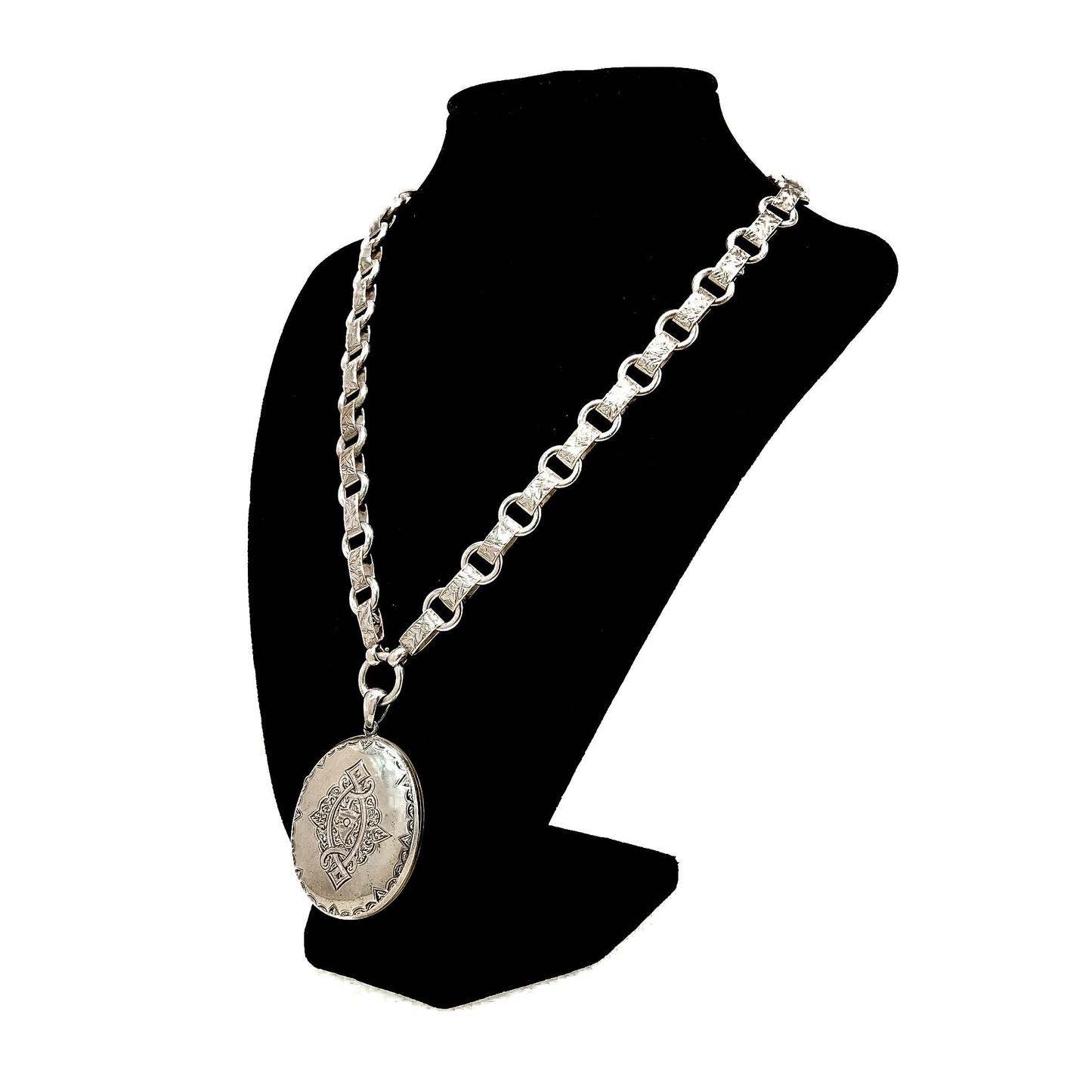 Antique 1880s Mid Victorian Etched Silver Locket Book Chain Chunky Statement 18" Locket Necklace