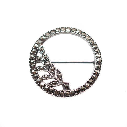 Vintage 1930s Marcasite and Sterling Silver Leaf Circle Pin Unisex Brooch