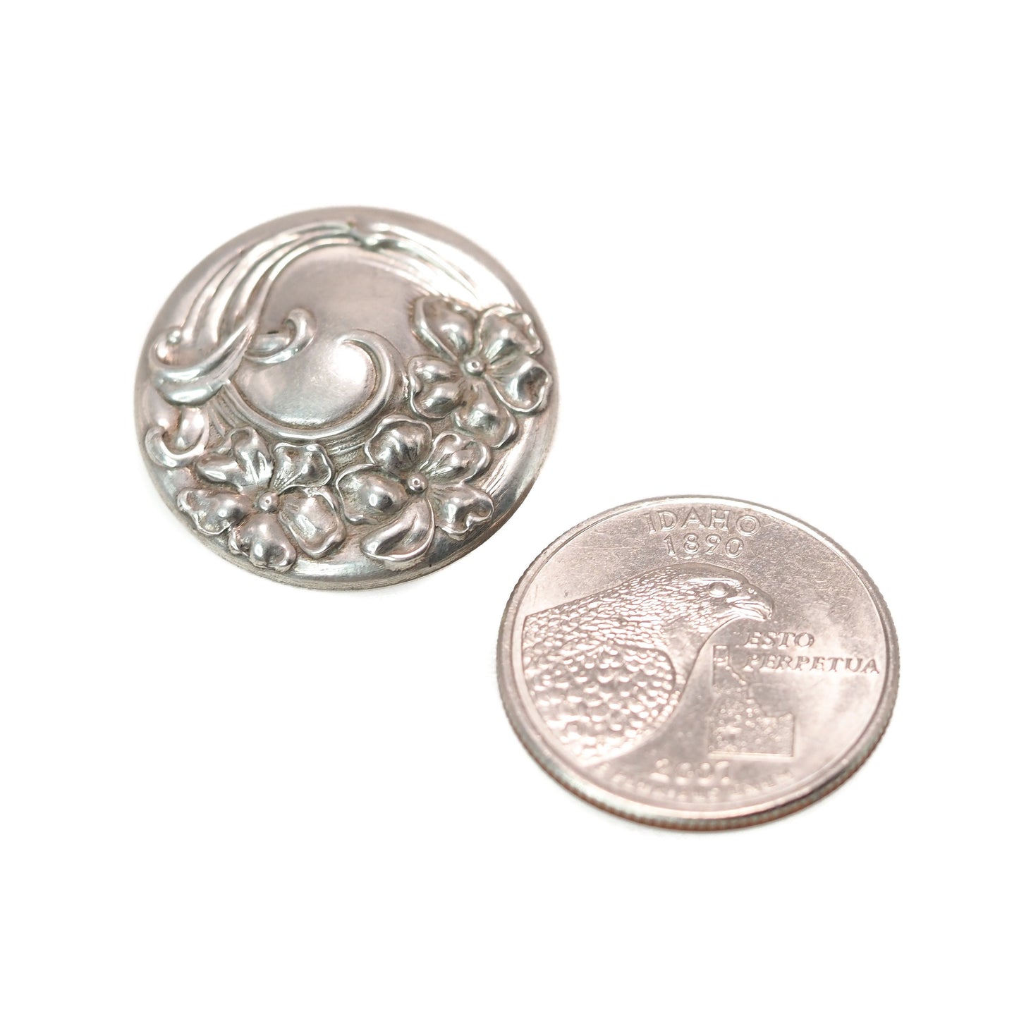 Antique 1900s Art Nouveau Floral Sterling Silver Flower Circle Pin Brooch