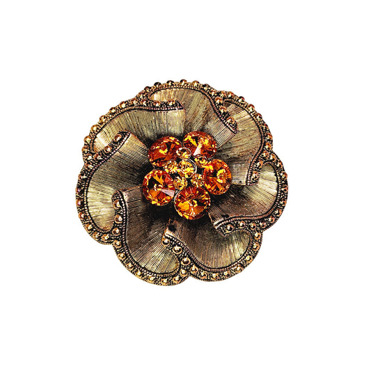 Vintage 1960s Orange Rhinestone and Brass Floral Flower Brooch