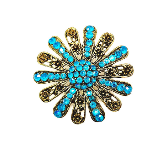 Vintage 1980s Aurora Borealis Turquoise Rhinestone and Gold Tone Metal Flower Statement Brooch