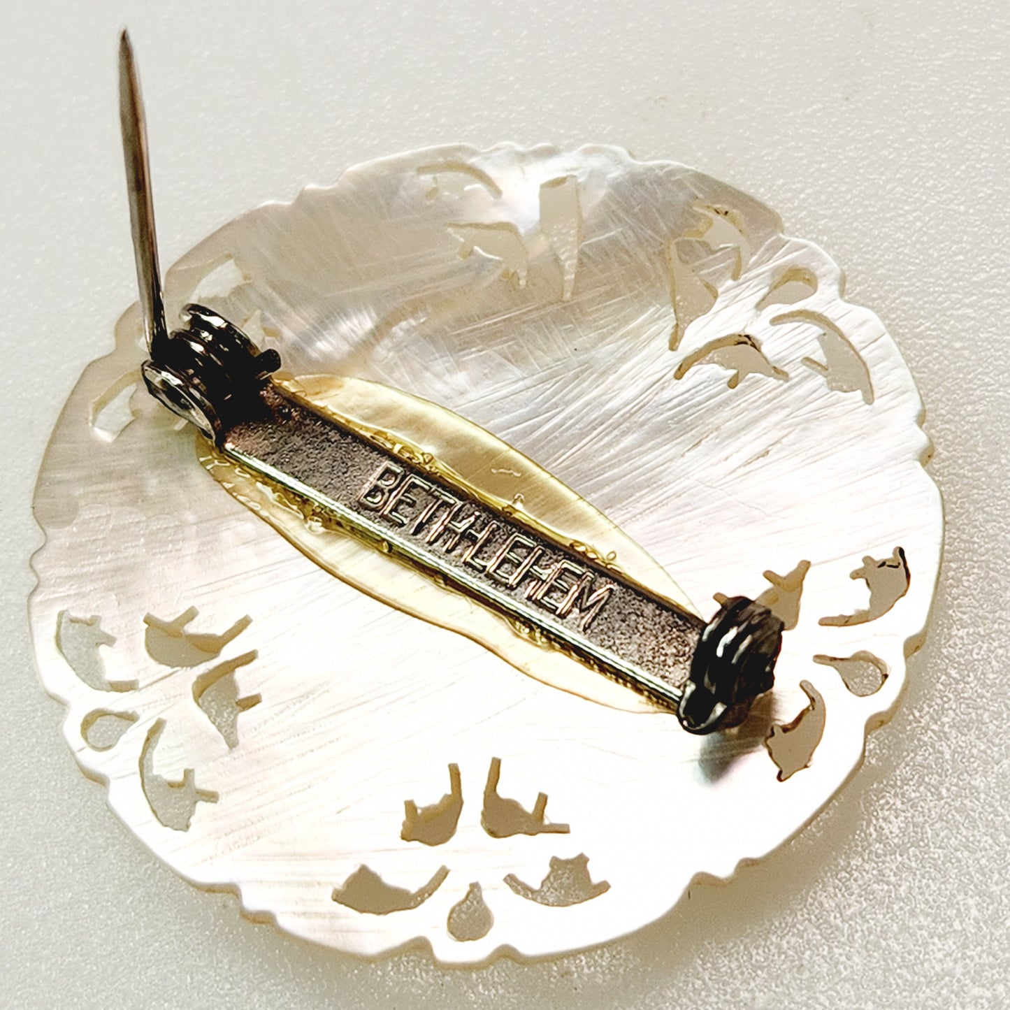 Vintage 1960s Mother of Pearl BETHLEHEM Carved Shell Flower Large Brooch