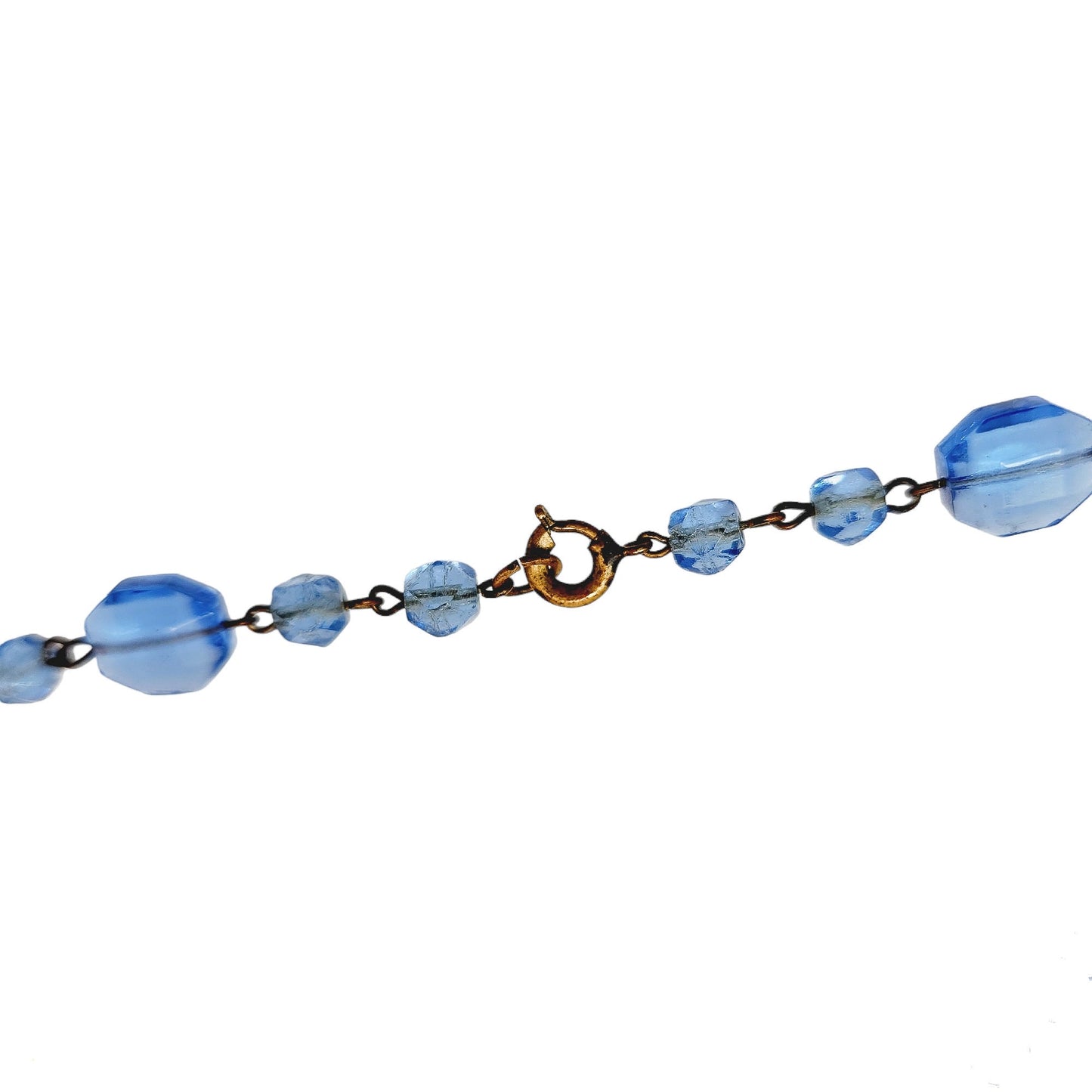 Vintage 1930s Brass and Blue Glass Pendant Necklace - 30s Blue Glass, Brass 15" Choker Statement Y-Necklace - Vintage Blue Deco Necklace