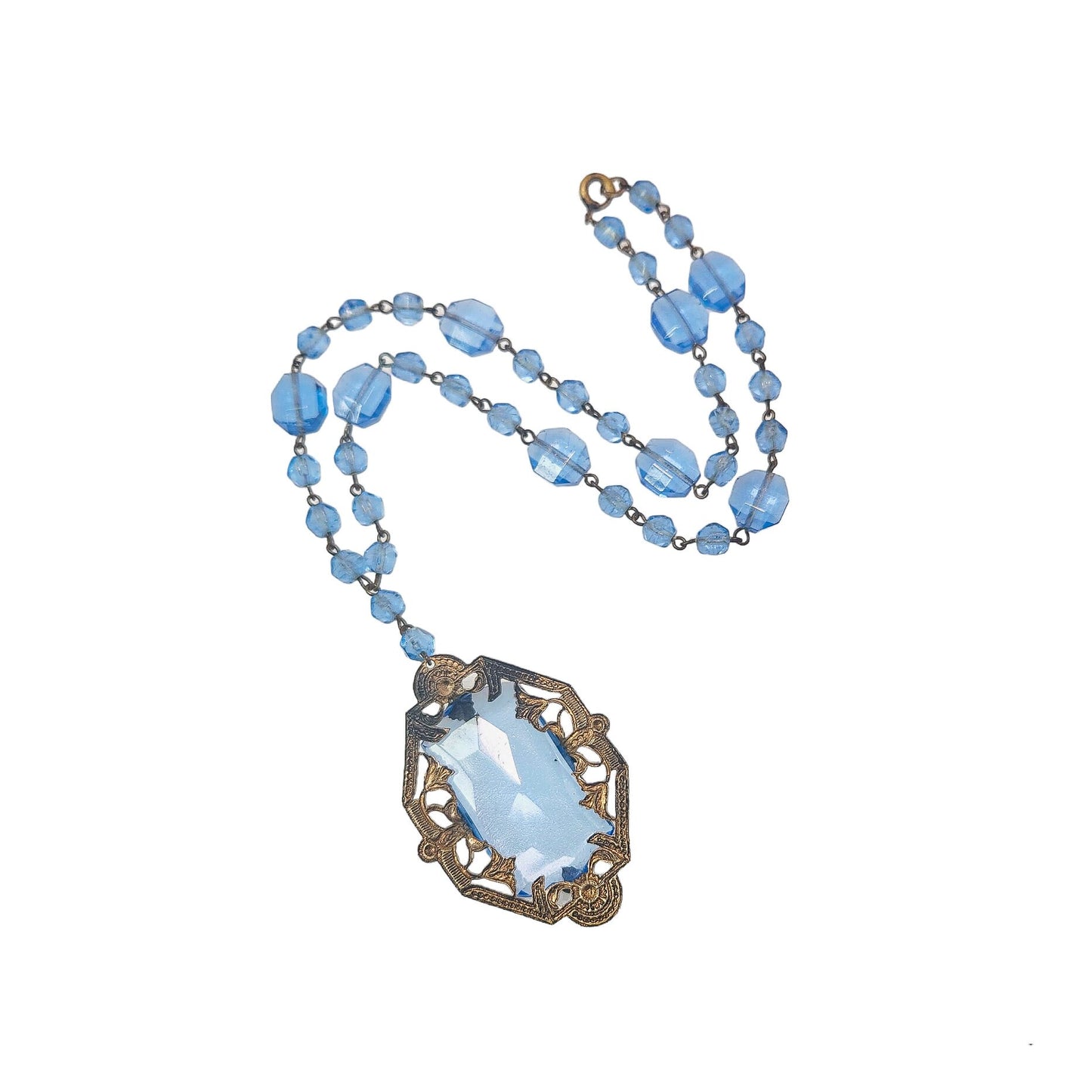 Vintage 1930s Brass and Blue Glass Pendant Necklace - 30s Blue Glass, Brass 15" Choker Statement Y-Necklace - Vintage Blue Deco Necklace