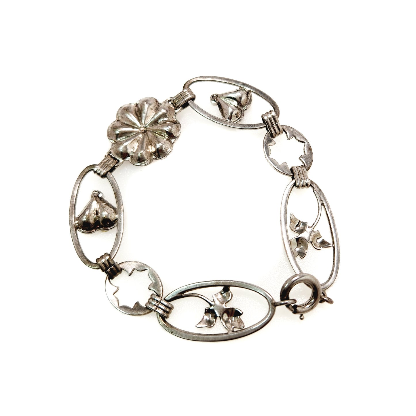 Vintage 1940s Red Glass, Silver Flower Bracelet - Retro Art Deco Sterling Silver and Red Flower Link 6-1/4" Bracelet - Flower Bracelet