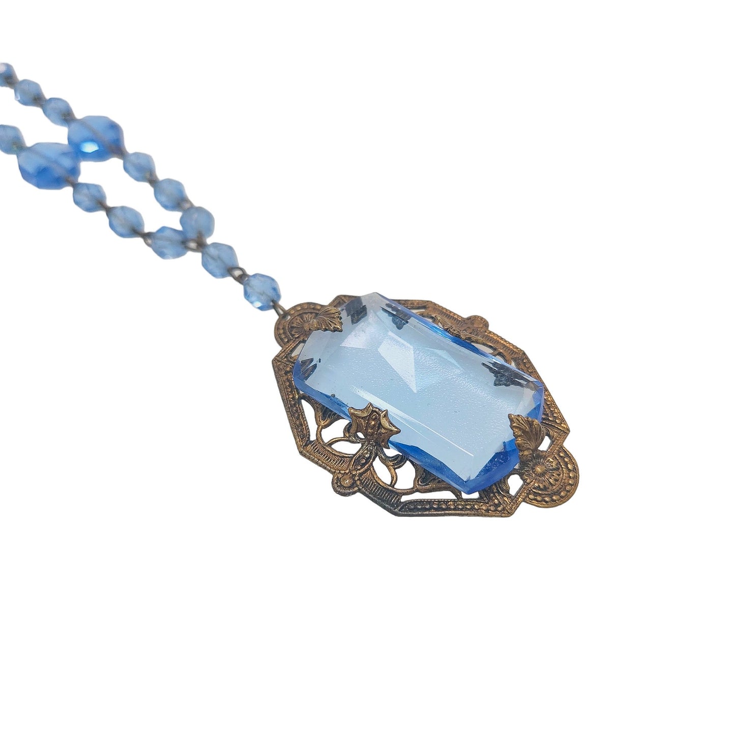 Vintage 1930s Brass and Blue Glass Pendant Necklace - 30s Blue Glass, Brass 15" Choker Statement Y-Necklace - Vintage Blue Deco Necklace