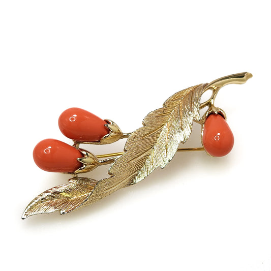 Vintage 1980s SARAH COVENTRY Orange Bead and Gold Plate Foliate Brooch