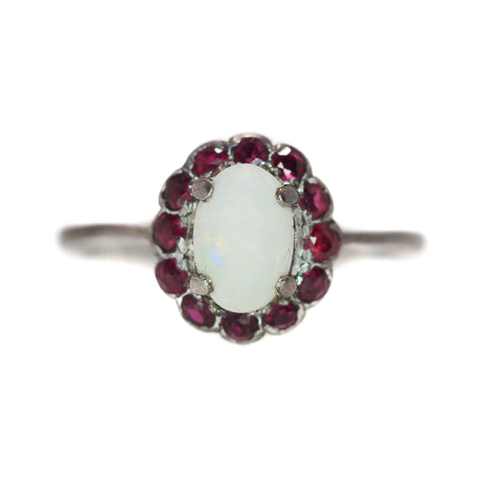Antique 1910s White Opal and Red Spinel Halo Silver Ring Size 5