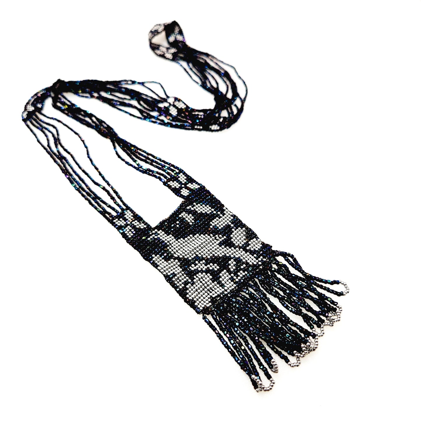 Vintage Bead Tassel Necklace - 1970s Southwestern Loom Peacock and Silver Glass Beaded Dove Long Necklace - Boho Bead Necklace