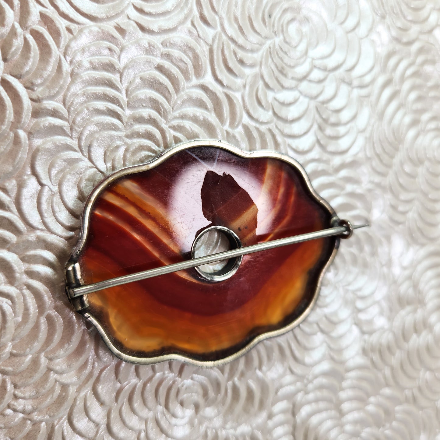 Antique 1880s Late Victorian Scottish Pebble Orange Banded Agate Silver Large Brooch