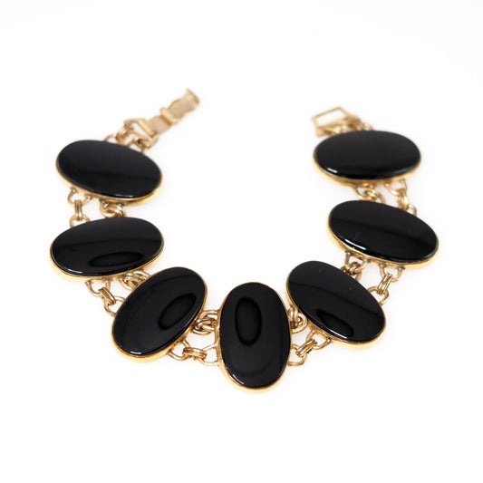 Vintage 1940s Retro Oval Black Onyx, Yellow Gold Filled Large Link 7" Bracelet
