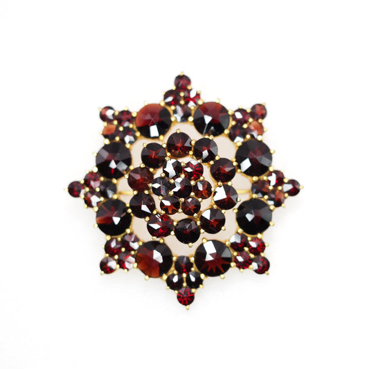 Vintage 1960s Germany Rose Cut Garnet and Gold Wash Cluster Large Star Brooch