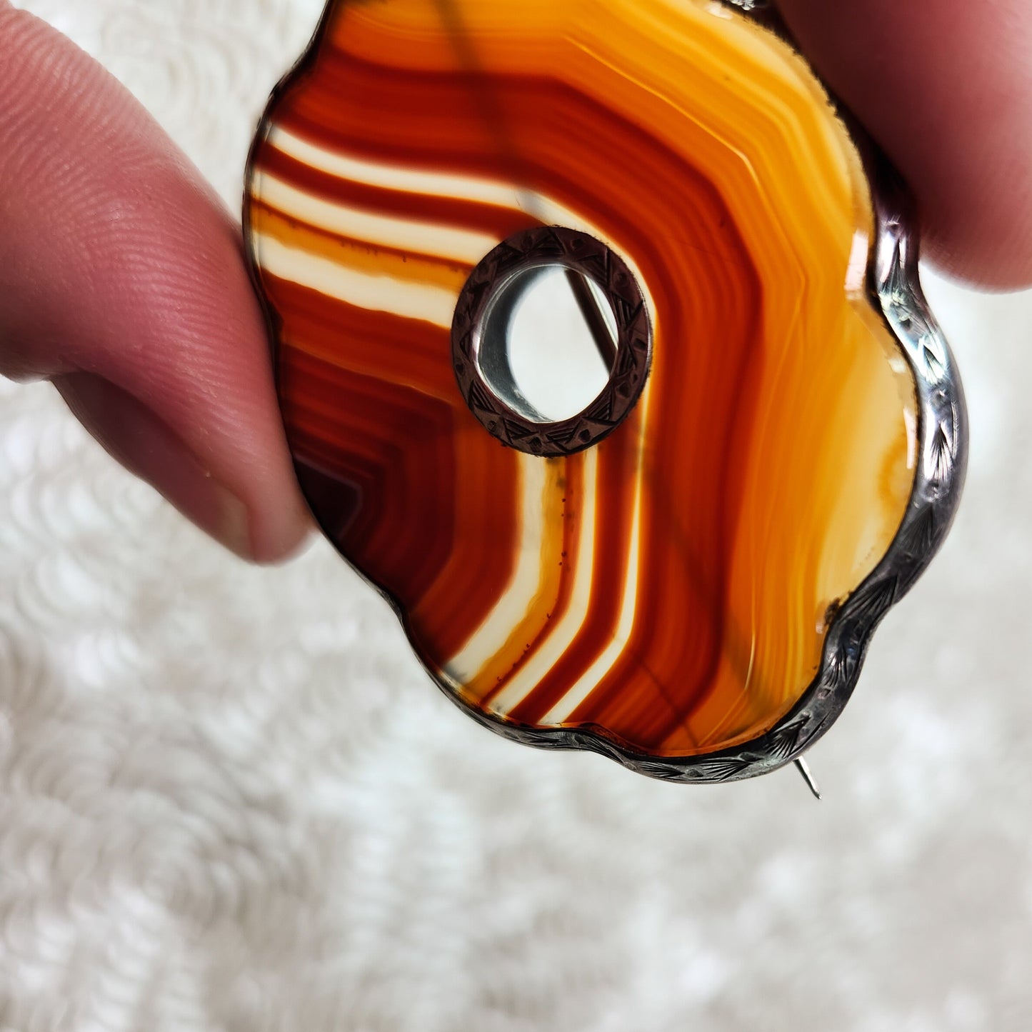 Antique 1880s Late Victorian Scottish Pebble Orange Banded Agate Silver Large Brooch