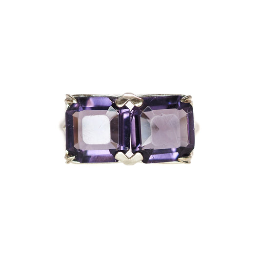 Antique 1920s Art Deco Purple Glass and 10k White Gold Filigree Two Stone Ring Size 5.25