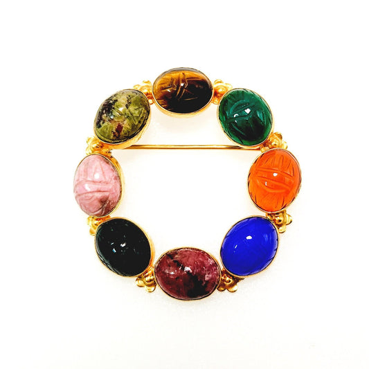 Vintage 1950s Mid Century Carved Stone Scarab Wreath Brooch