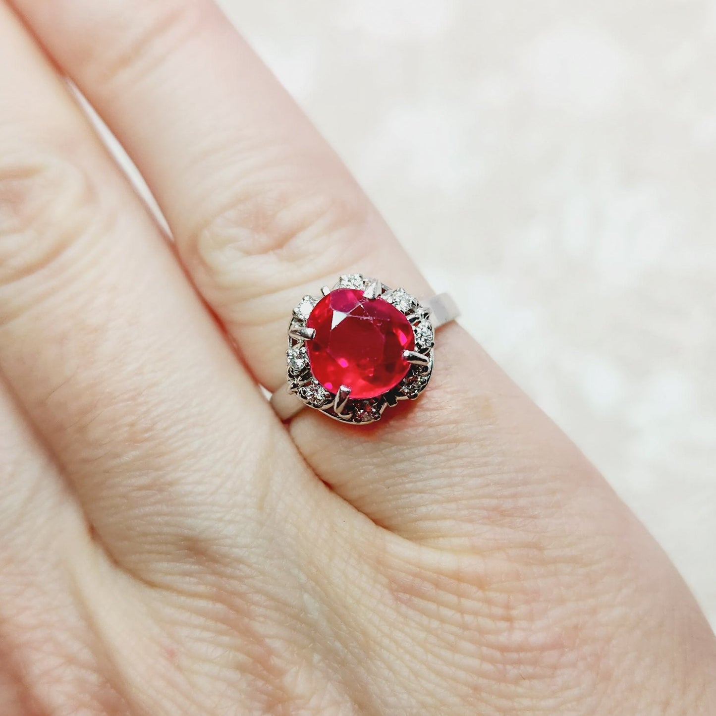 Vintage 1950s Round Cut Lab Ruby, Diamond, and Platinum Halo Ring Size 5.25