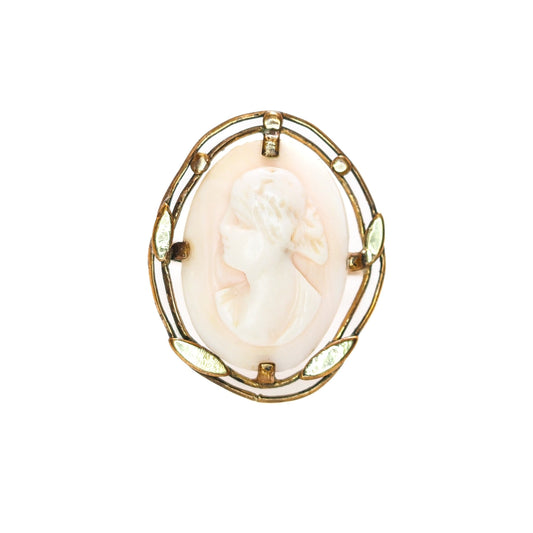 Antique 1910s Art Nouveau Angel Skin Pink Shell Hand Carved Cameo 10k Yellow Gold Woman Ring Size 6.25