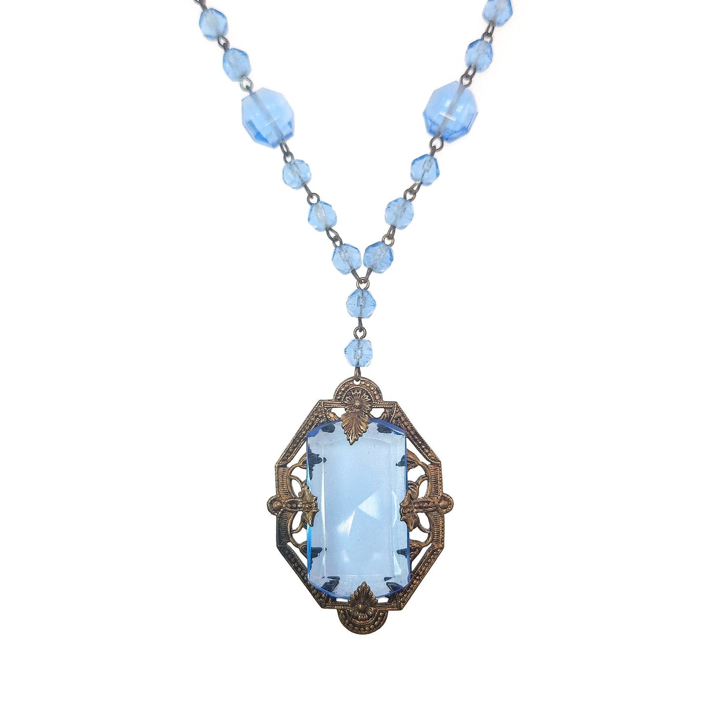 Vintage 1930s Brass and Blue Glass Pendant Necklace - 30s Blue Glass, Brass 15" Choker Statement Y-Necklace - Vintage Blue Deco Necklace