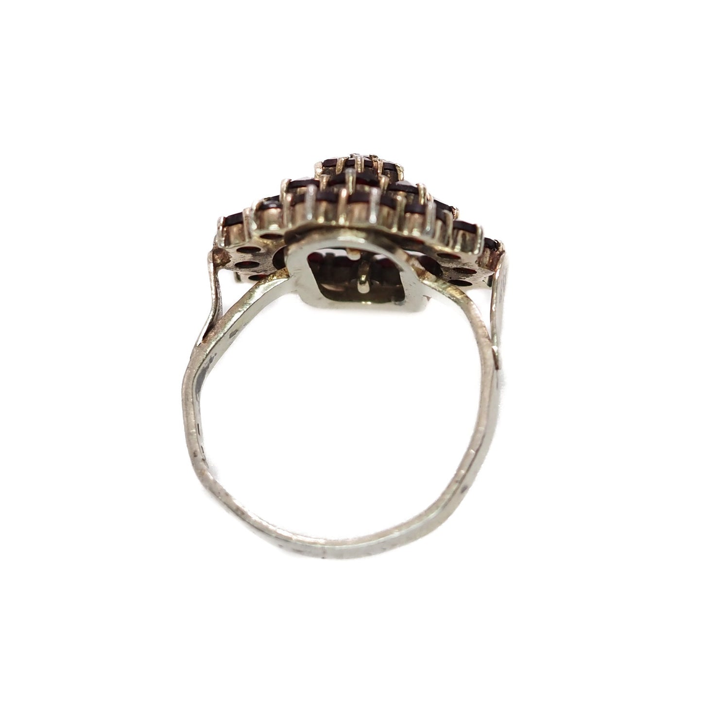 Vintage 1960s Pyrope Garnet and Gold Washed Ring - 60s Red Rose Cut Garnet, 800 Silver Cluster Ring Size 8.5 - Red Gemstone Ring