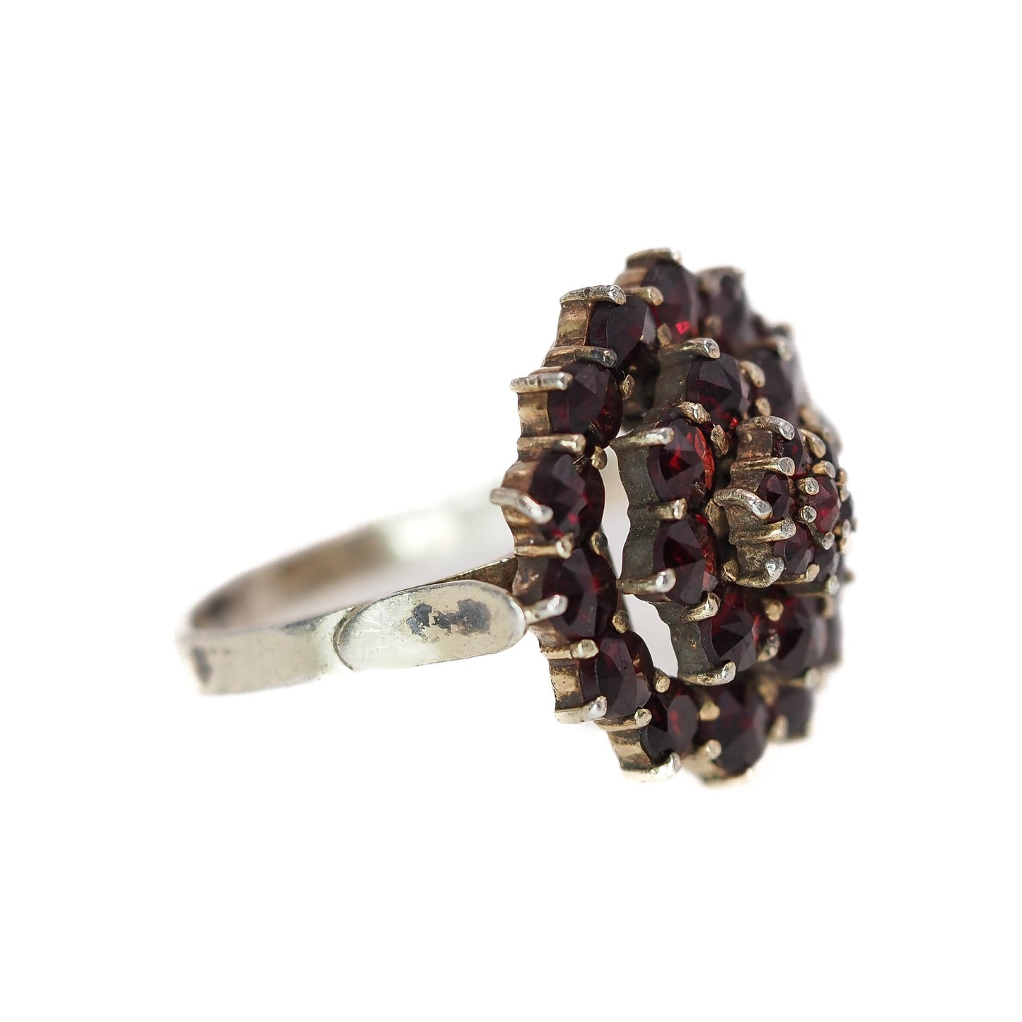 Vintage 1960s Pyrope Garnet and Gold Washed Ring - 60s Red Rose Cut Garnet, 800 Silver Cluster Ring Size 8.5 - Red Gemstone Ring
