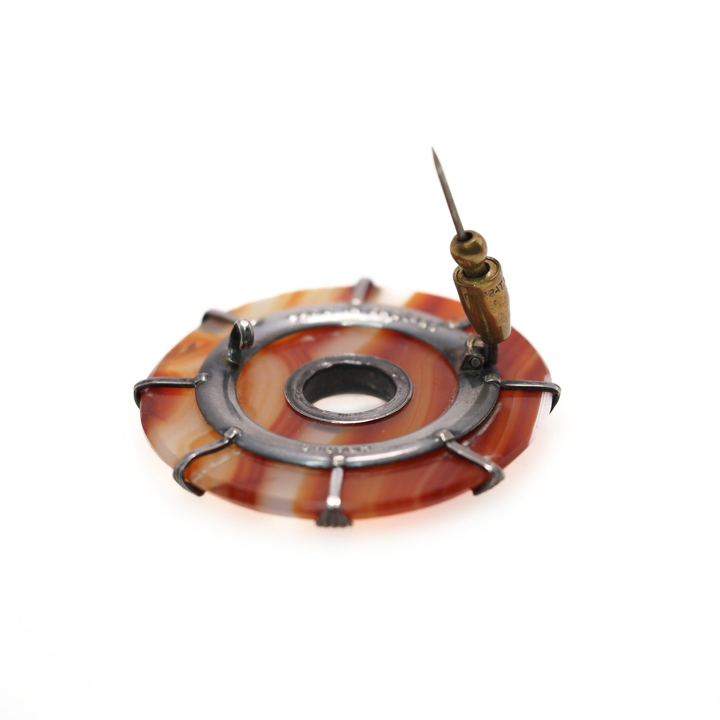 Antique 1880s Late Victorian English Orange Banded Agate Silver Large Circle Brooch