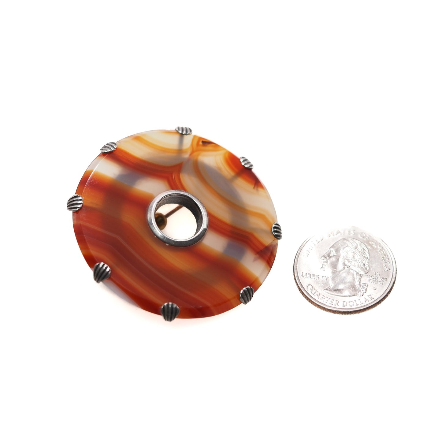Antique 1880s Late Victorian English Orange Banded Agate Silver Large Circle Brooch