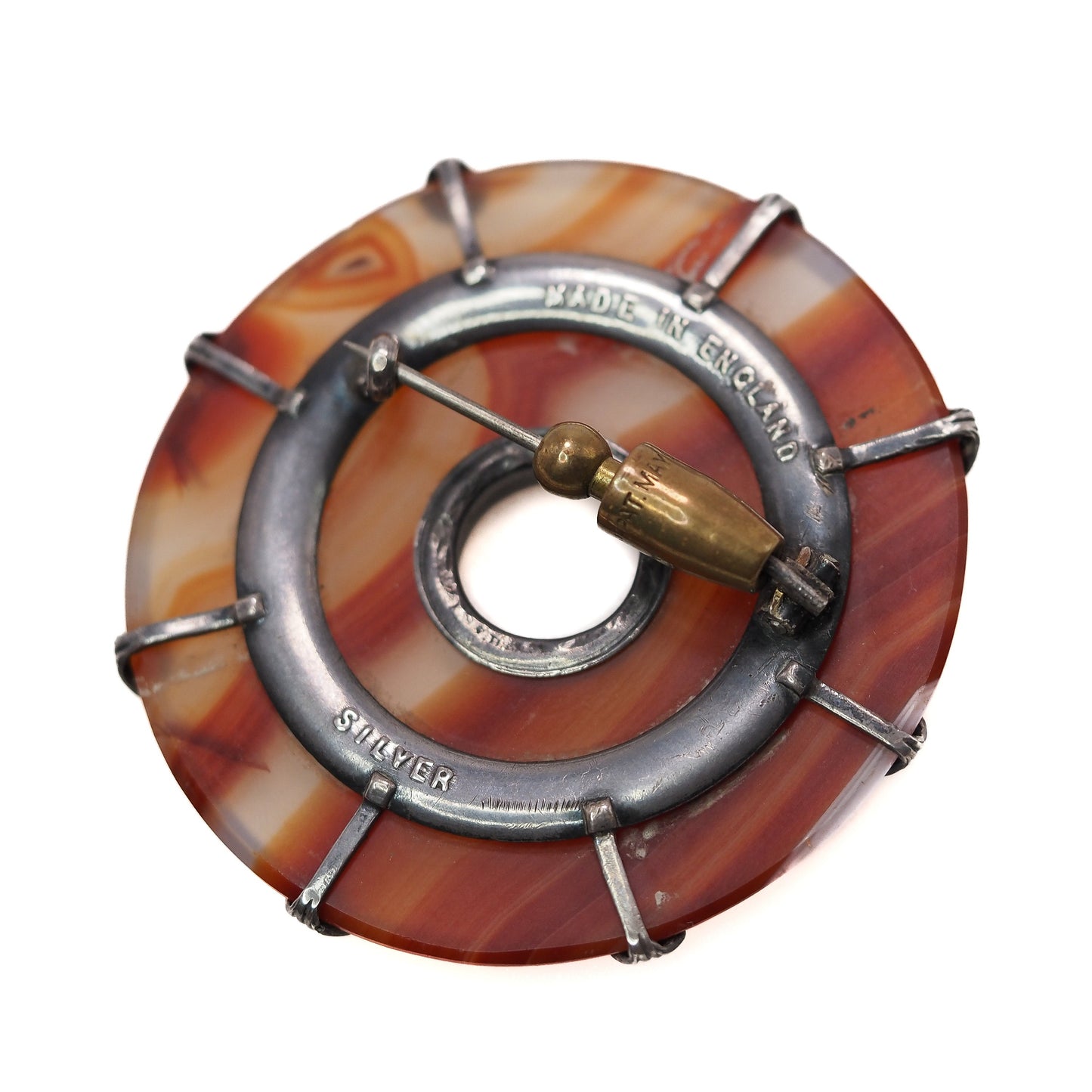 Antique 1880s Late Victorian English Orange Banded Agate Silver Large Circle Brooch