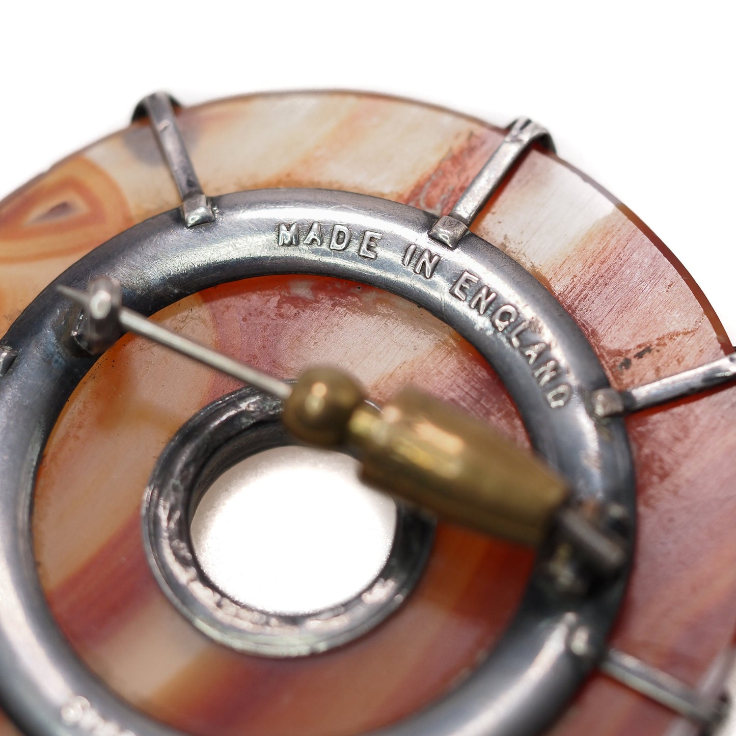 Antique 1880s Late Victorian English Orange Banded Agate Silver Large Circle Brooch