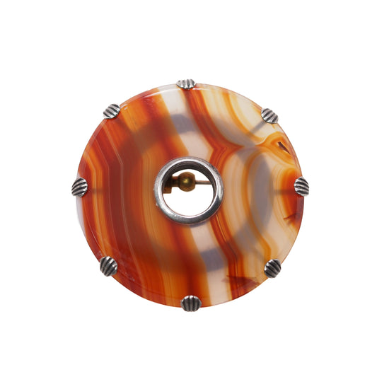Antique 1880s Late Victorian English Orange Banded Agate Silver Large Circle Brooch