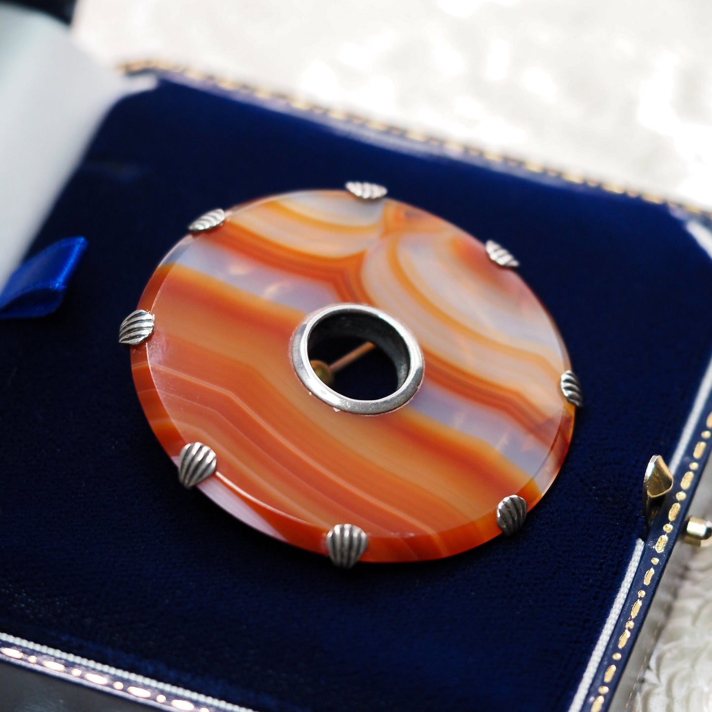 Antique 1880s Late Victorian English Orange Banded Agate Silver Large Circle Brooch