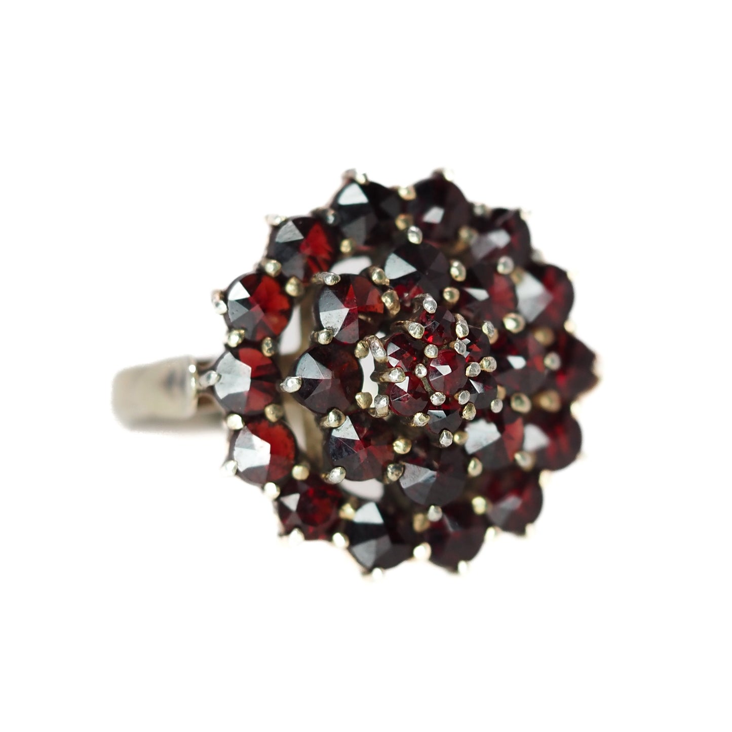 Vintage 1960s Pyrope Garnet and Gold Washed Ring - 60s Red Rose Cut Garnet, 800 Silver Cluster Ring Size 8.5 - Red Gemstone Ring