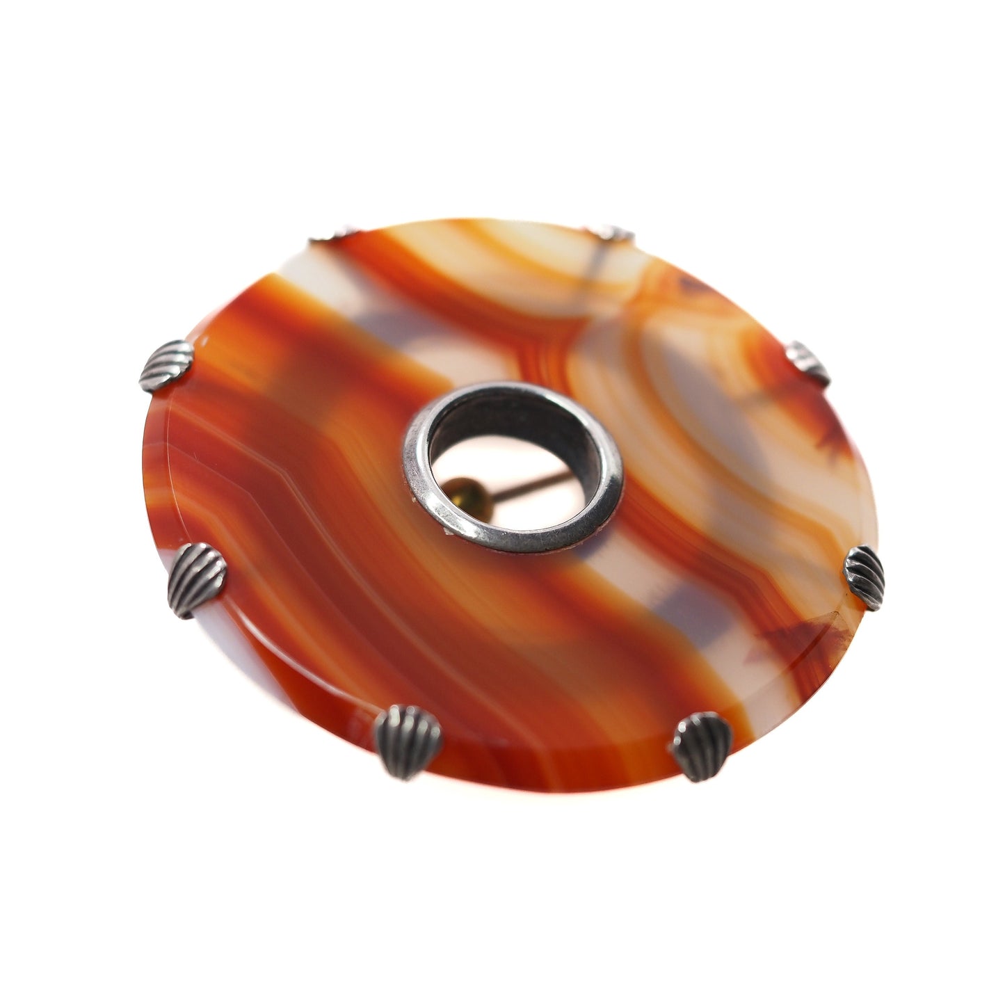 Antique 1880s Late Victorian English Orange Banded Agate Silver Large Circle Brooch