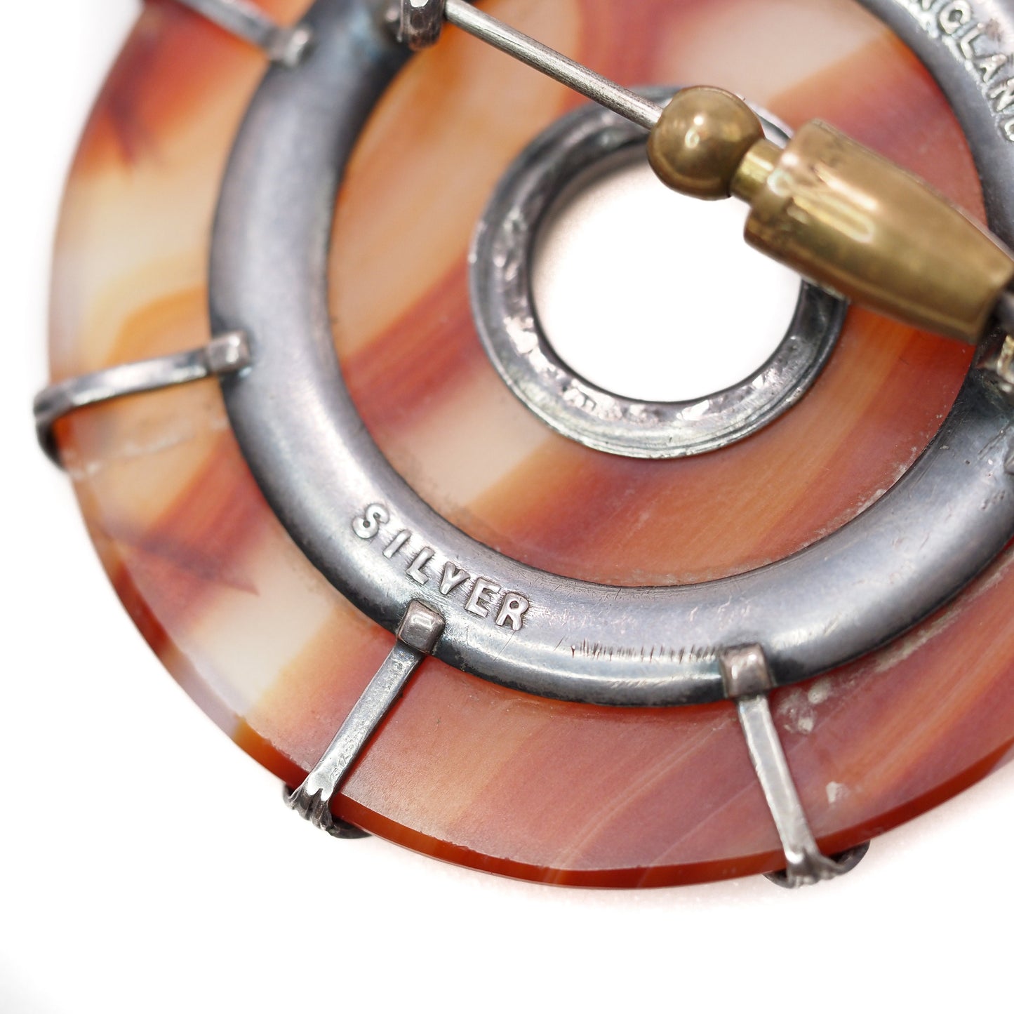 Antique 1880s Late Victorian English Orange Banded Agate Silver Large Circle Brooch