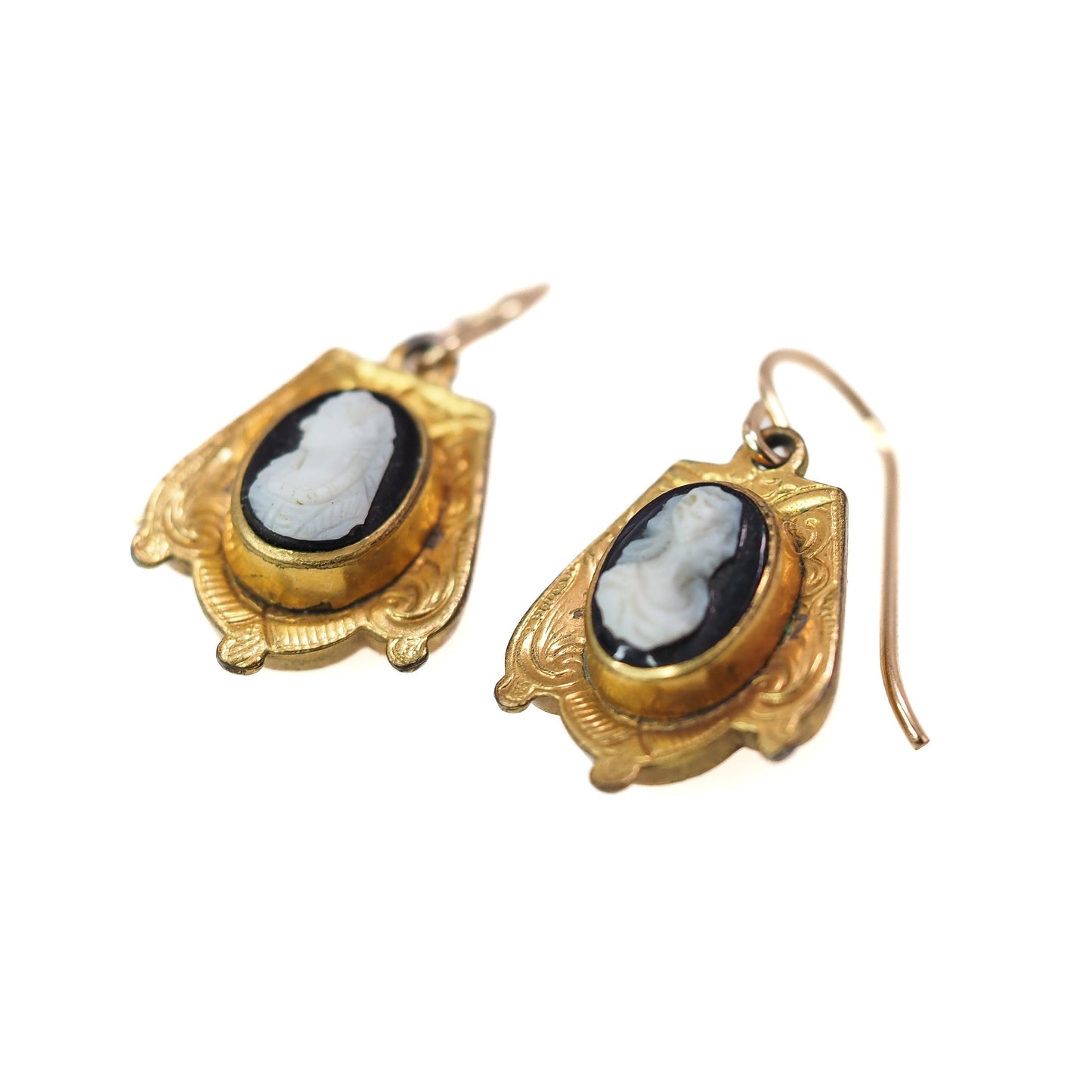 Antique 1870s Mid Victorian Cameo Black Onyx Yellow Rolled Gold Dangle Pierced Mourning Earrings