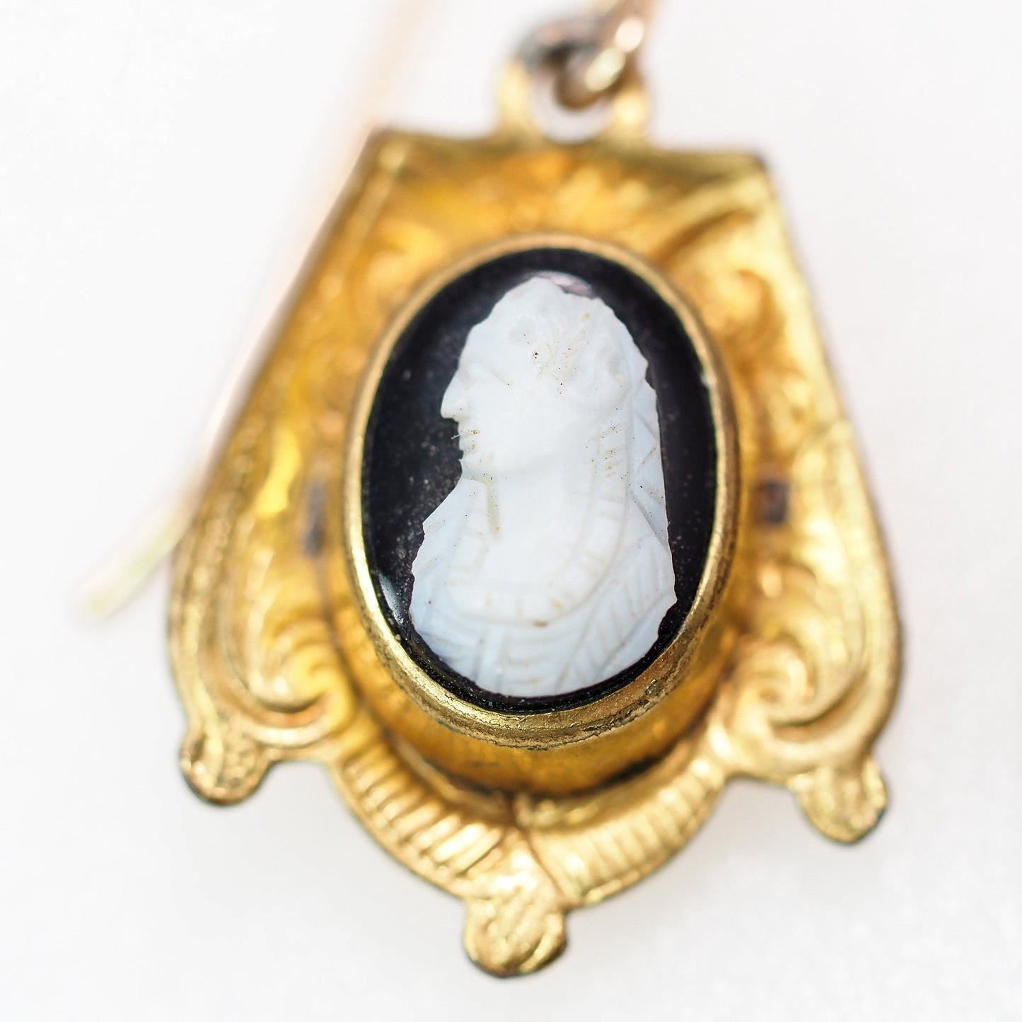 Antique 1870s Mid Victorian Cameo Black Onyx Yellow Rolled Gold Dangle Pierced Mourning Earrings