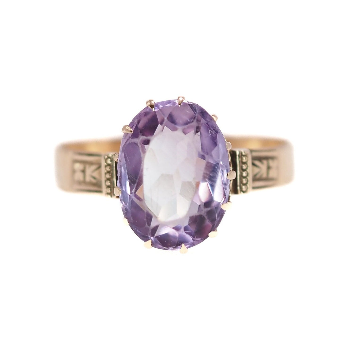 Antique 1880s Late Victorian Oval Cut Purple Amethyst and 10k Rose Gold Etched Solitaire Ring Size 7