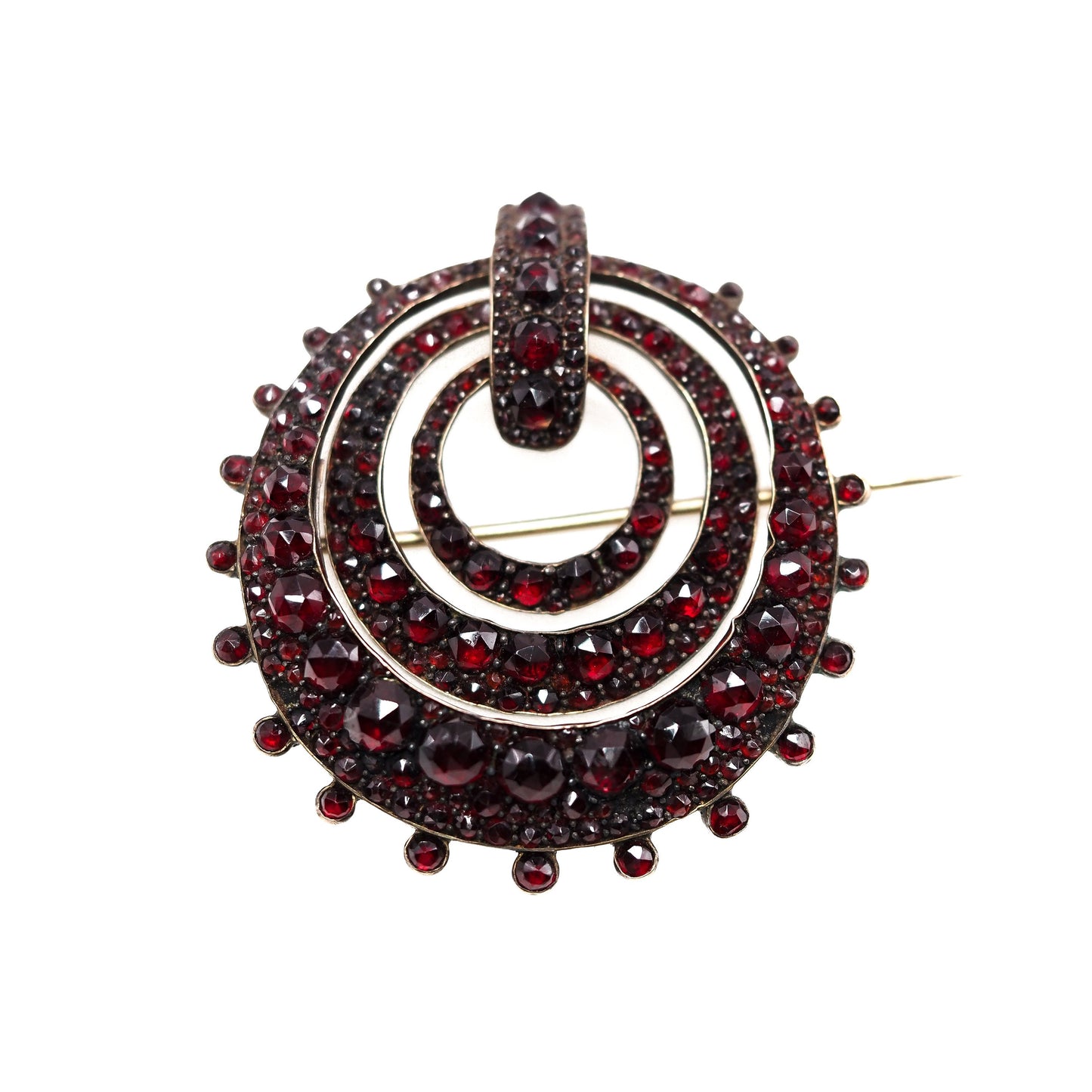 Antique 1880s Late Victorian Rose Cut Bohemian Garnet and Gilt Large Circle Statement Brooch