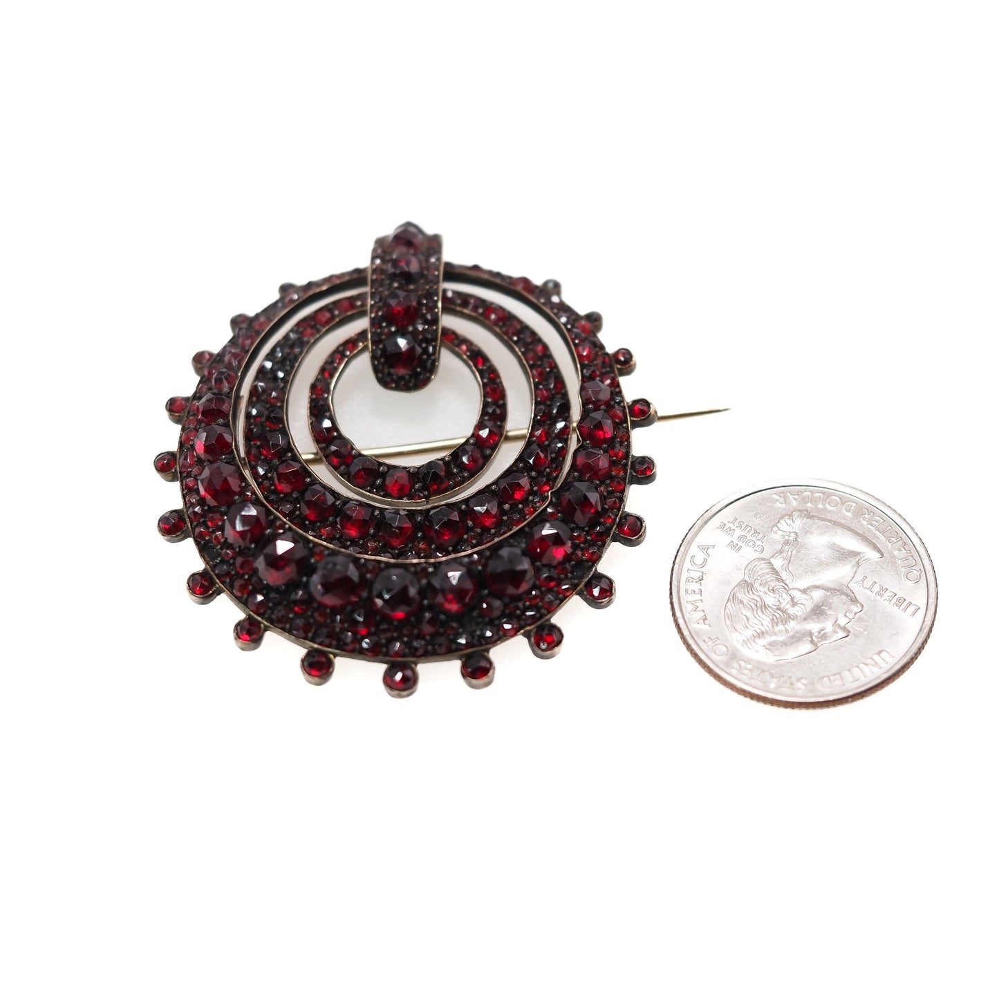 Antique 1880s Late Victorian Rose Cut Bohemian Garnet and Gilt Large Circle Statement Brooch