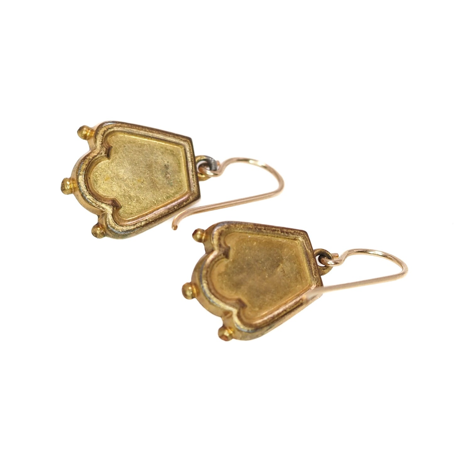 Antique 1870s Mid Victorian Cameo Black Onyx Yellow Rolled Gold Dangle Pierced Mourning Earrings