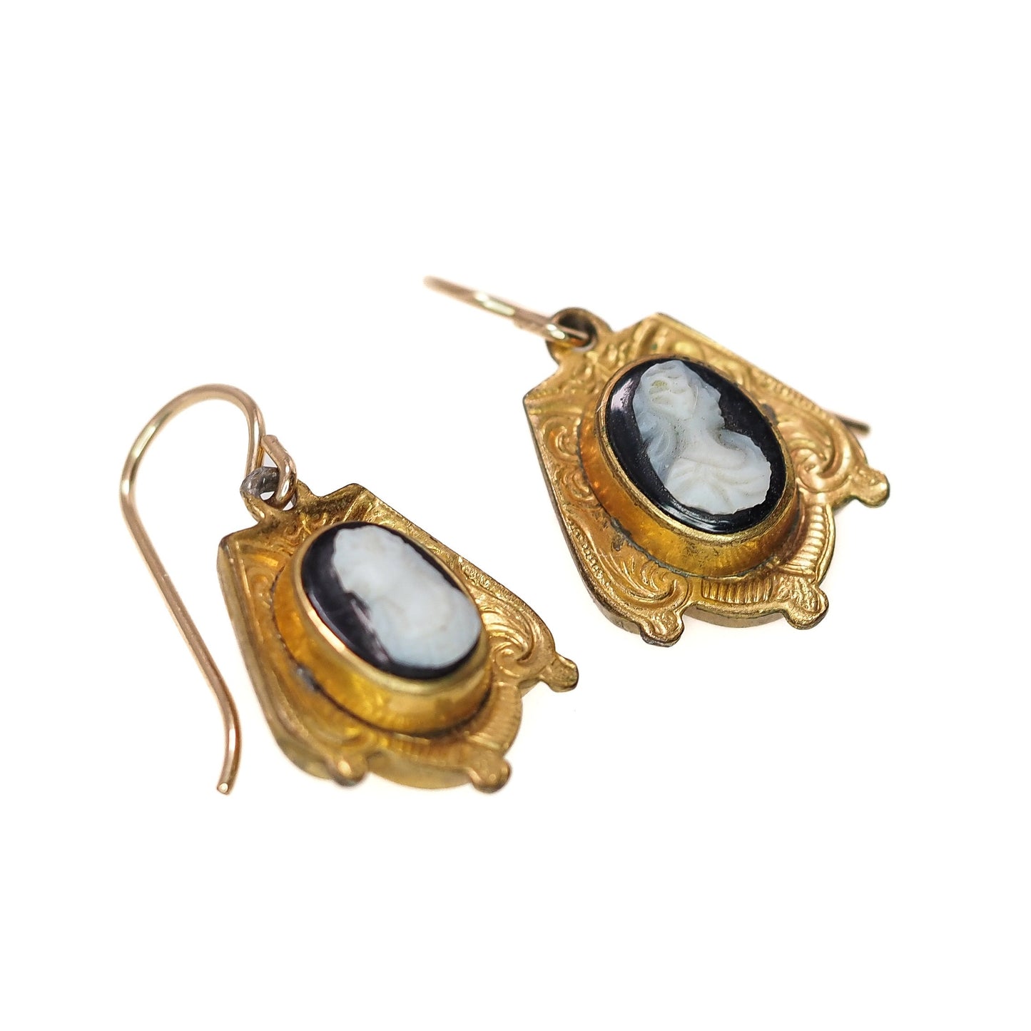 Antique 1870s Mid Victorian Cameo Black Onyx Yellow Rolled Gold Dangle Pierced Mourning Earrings