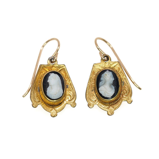 Antique 1870s Mid Victorian Cameo Black Onyx Yellow Rolled Gold Dangle Pierced Mourning Earrings