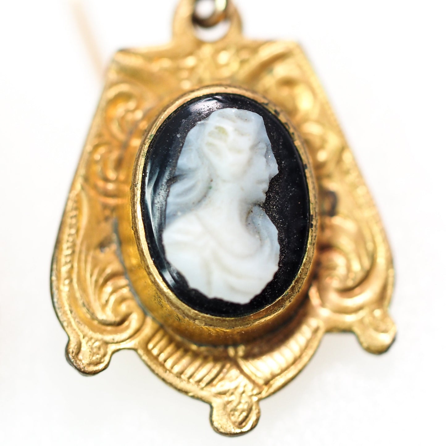 Antique 1870s Mid Victorian Cameo Black Onyx Yellow Rolled Gold Dangle Pierced Mourning Earrings