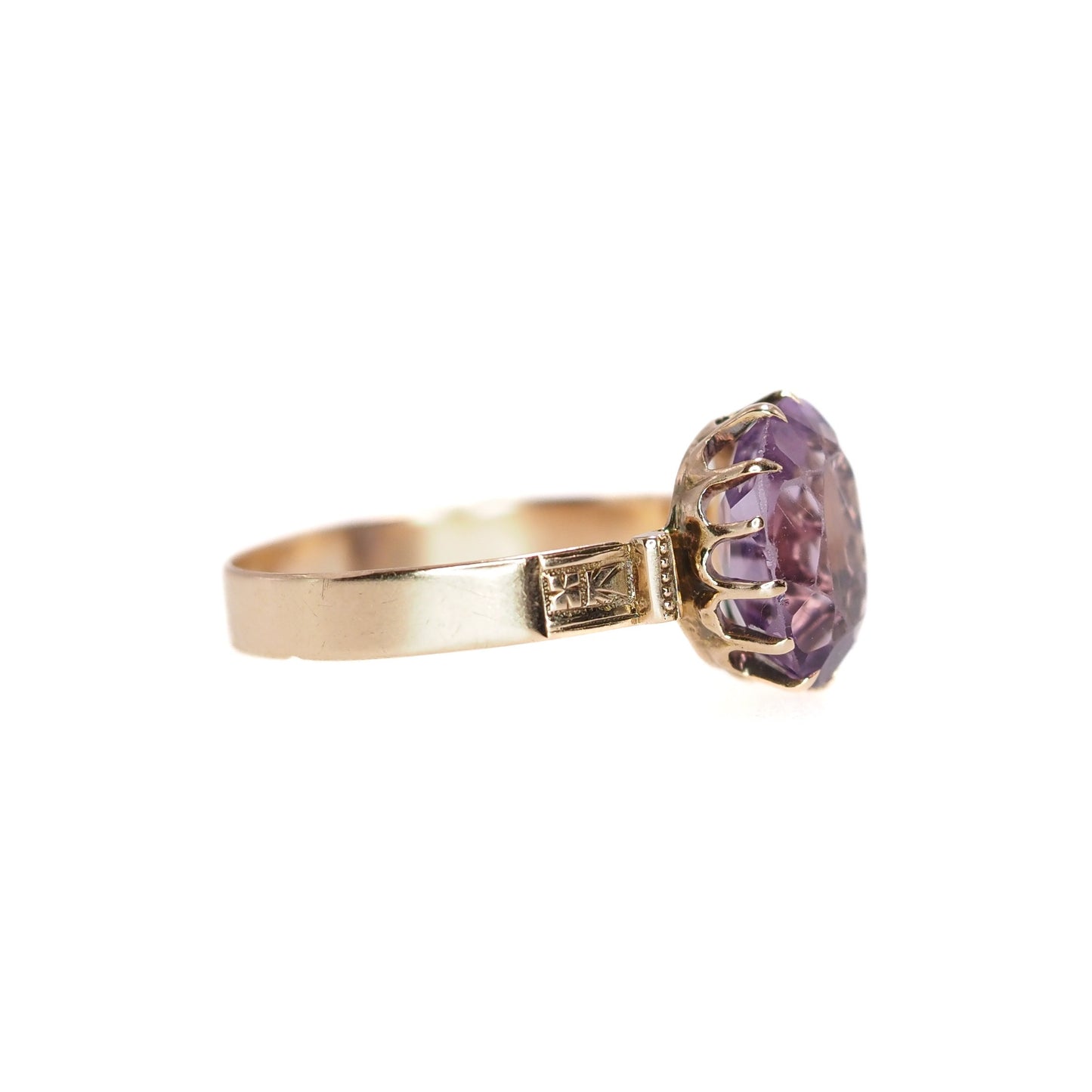 Antique 1880s Late Victorian Oval Cut Purple Amethyst and 10k Rose Gold Etched Solitaire Ring Size 7