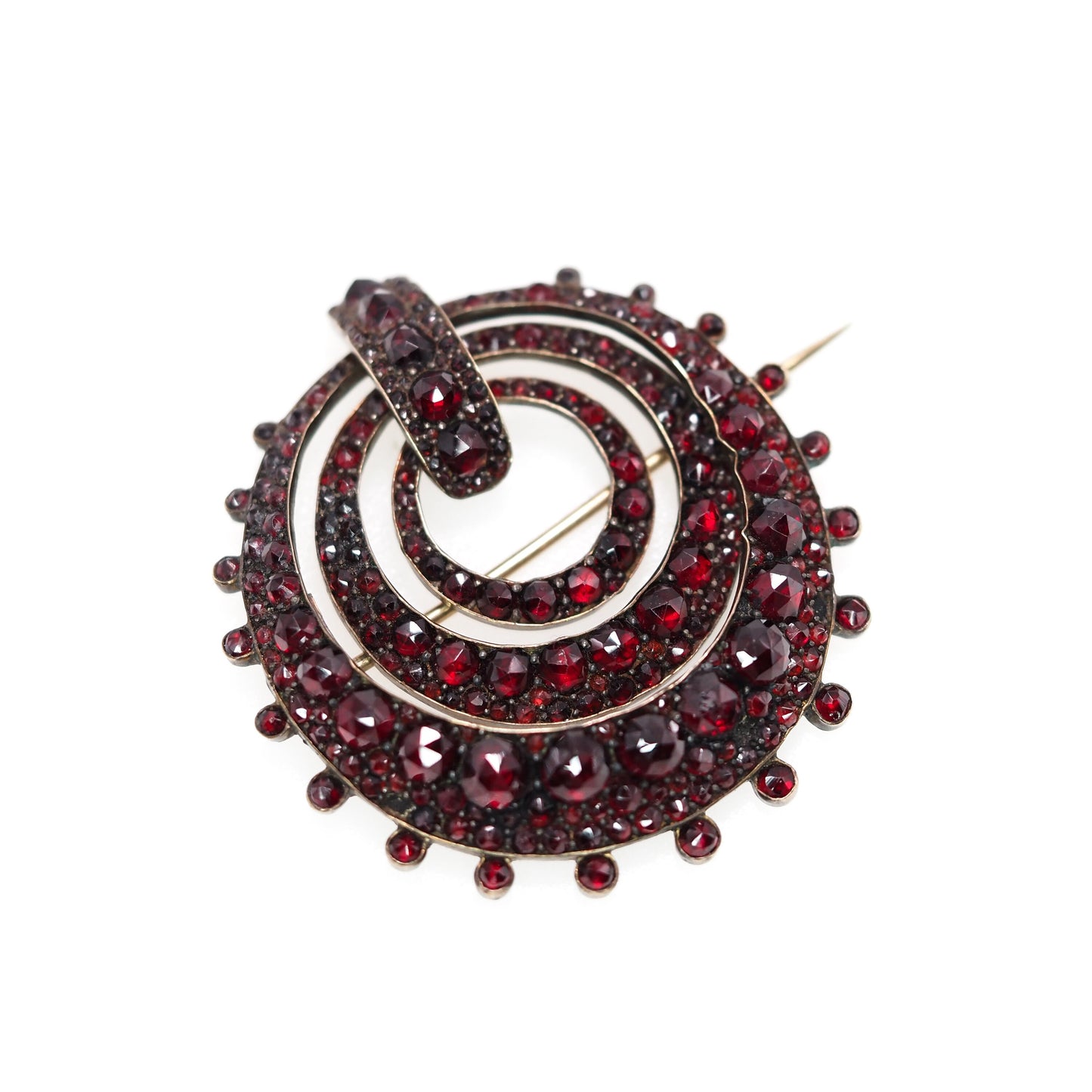 Antique 1880s Late Victorian Rose Cut Bohemian Garnet and Gilt Large Circle Statement Brooch