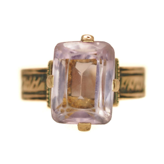 Antique 1880s Late Victorian Purple Amethyst and 10k Rose Gold Etched Solitaire Ring Size 7.75