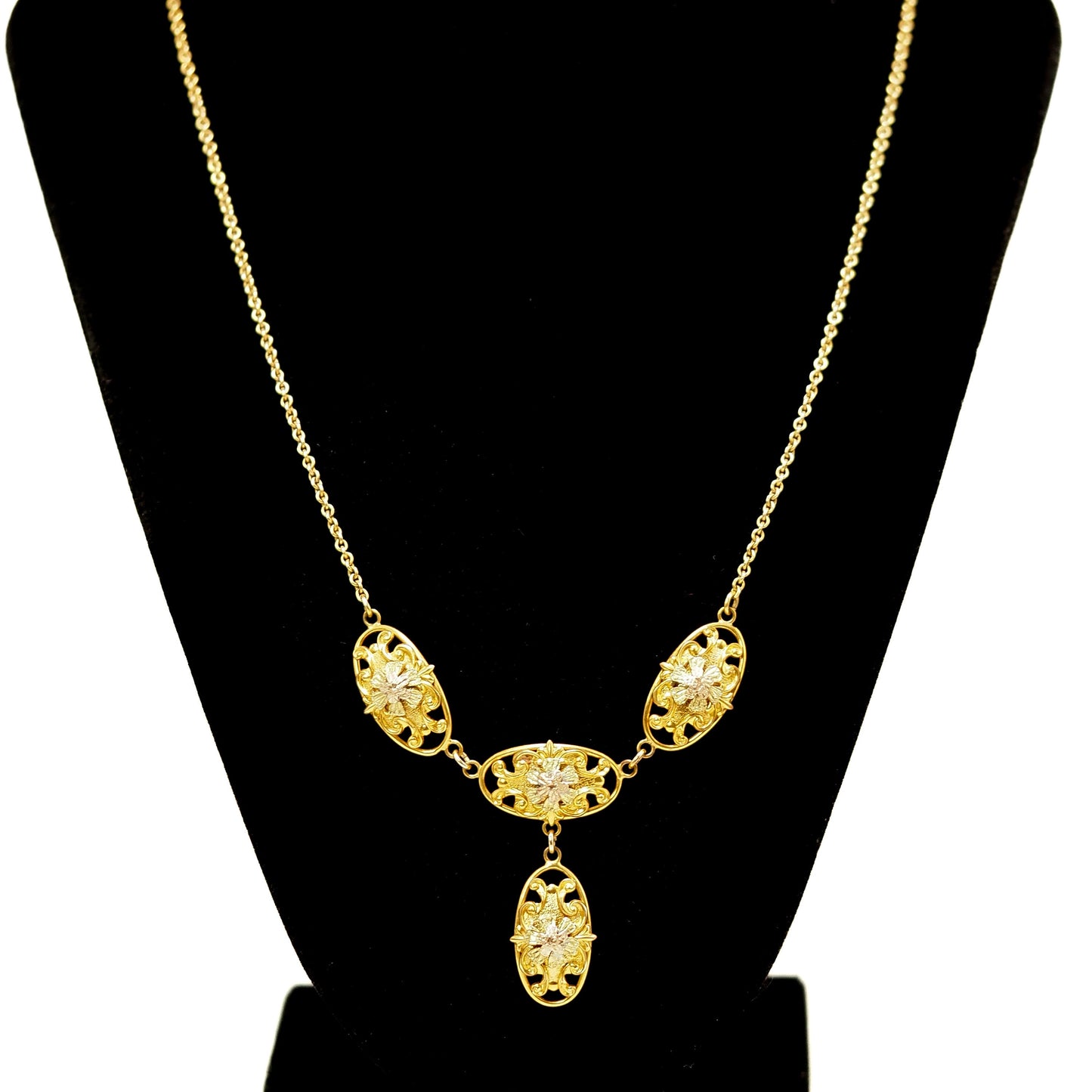 Vintage 1940s Retro Art Deco Yellow, Rose, and Green Gold Filled Floral Scroll 19" Necklace